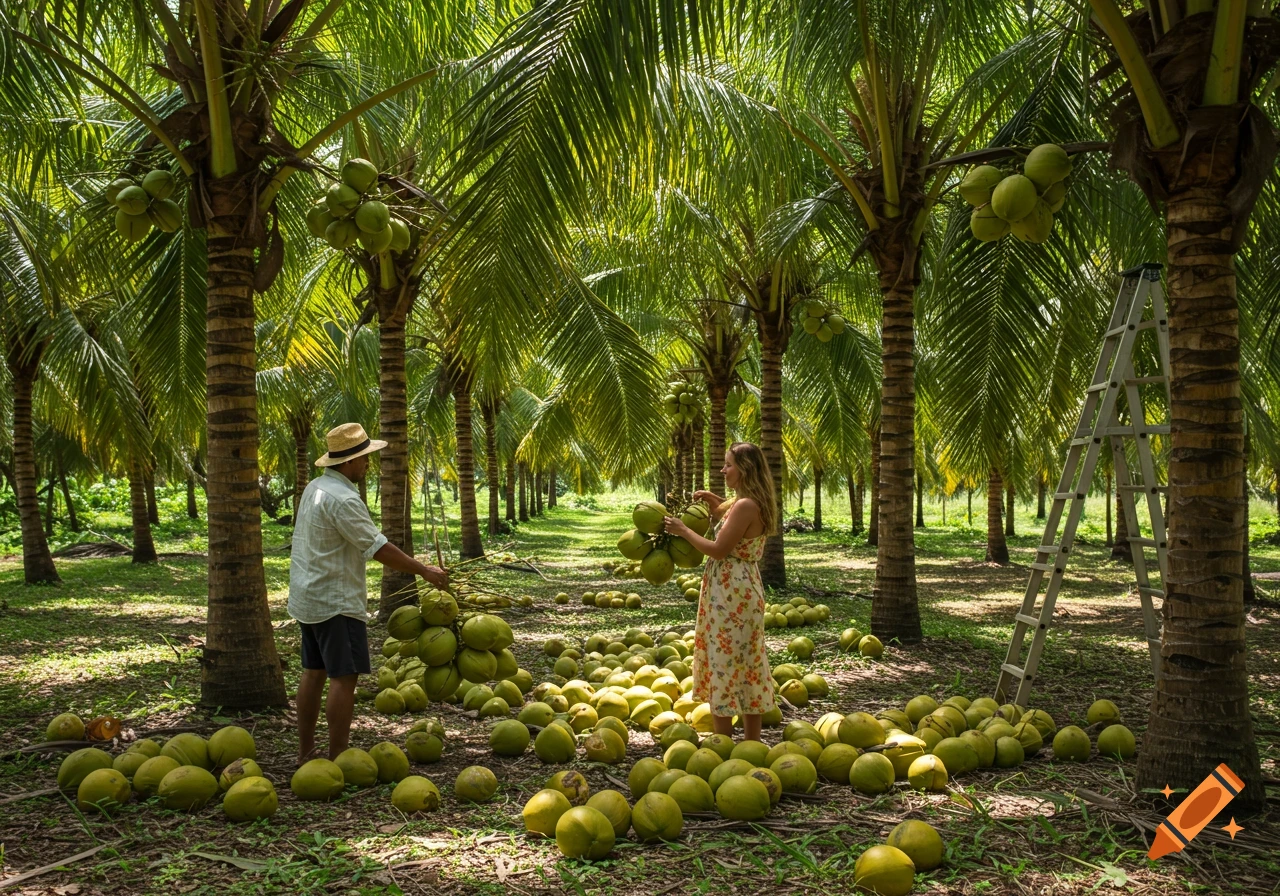 A man and a woman harvest green coconuts in a lush tropical palm grove.