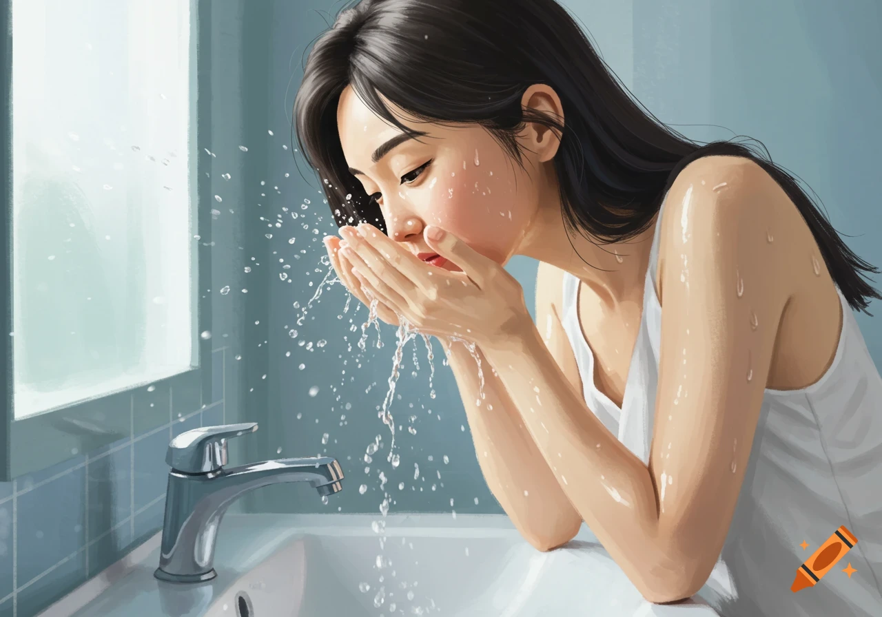 A woman with dark hair washes her face over a sink, splashing water from her hands onto her face in an illustration.