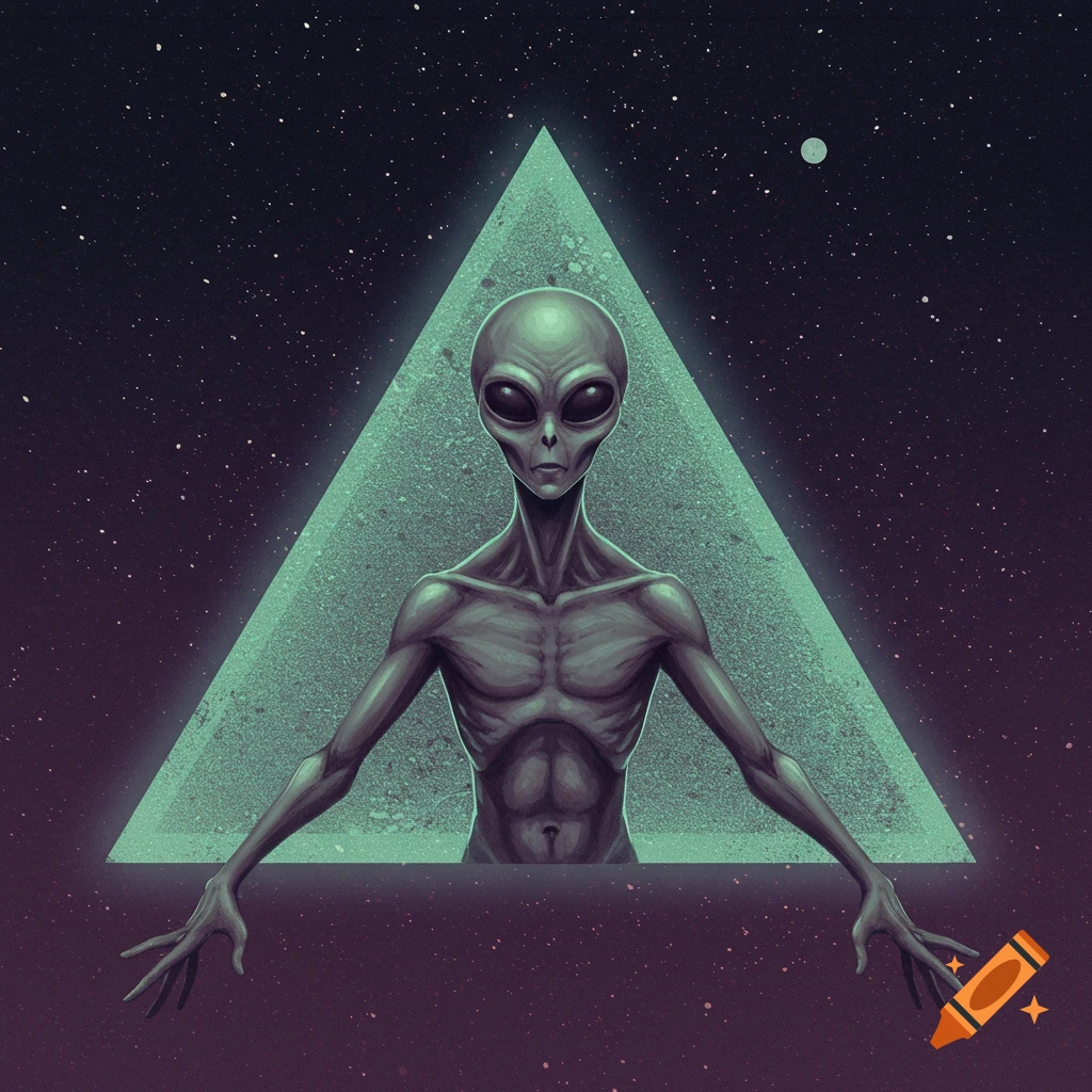A gray alien with large black eyes and a slender body stands in front of a glowing green triangle, set against a dark starry space background.