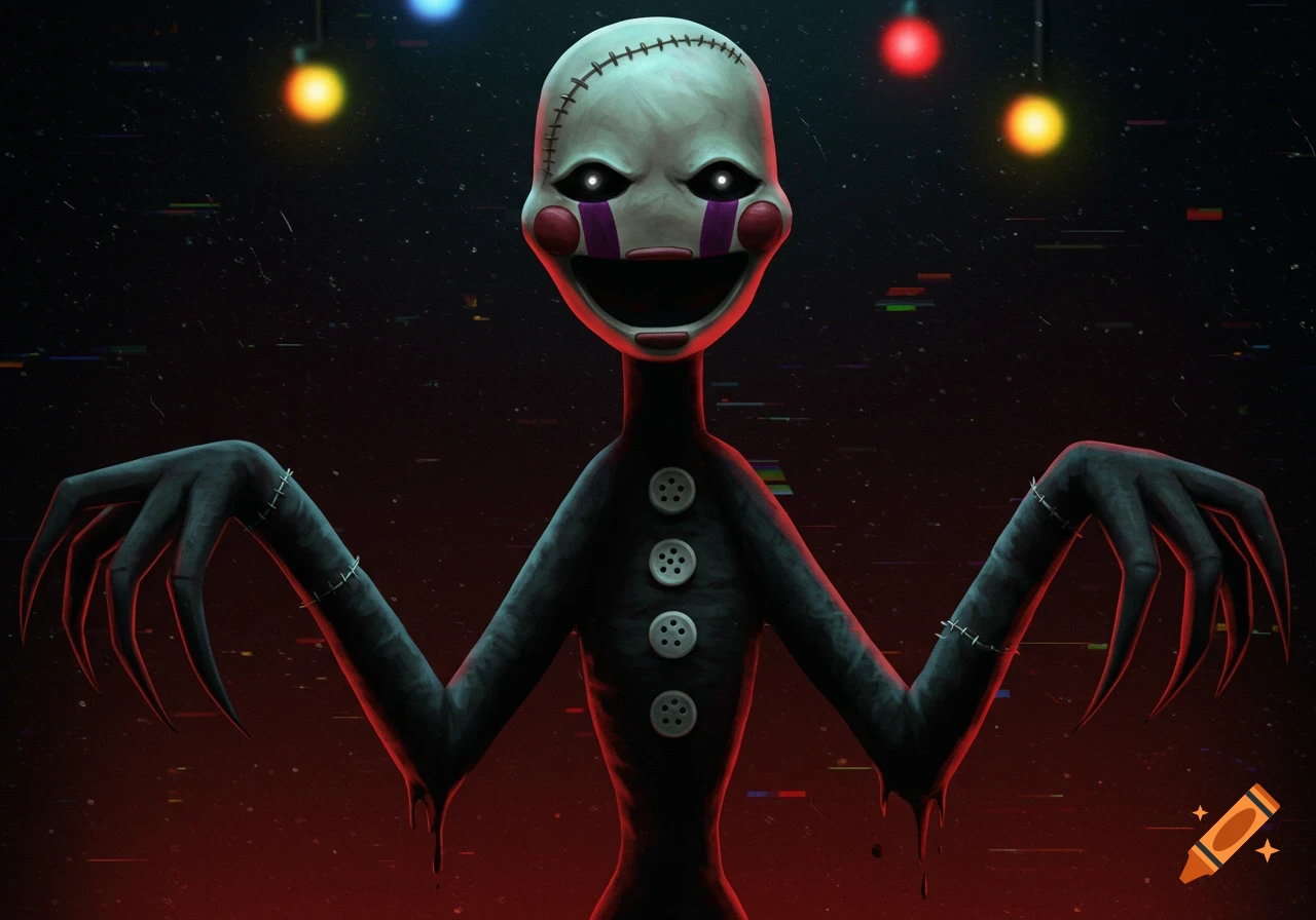 A creepy puppet with stitches, glowing eyes, and dripping arms against a dark, glitchy red background in an analog horror style.