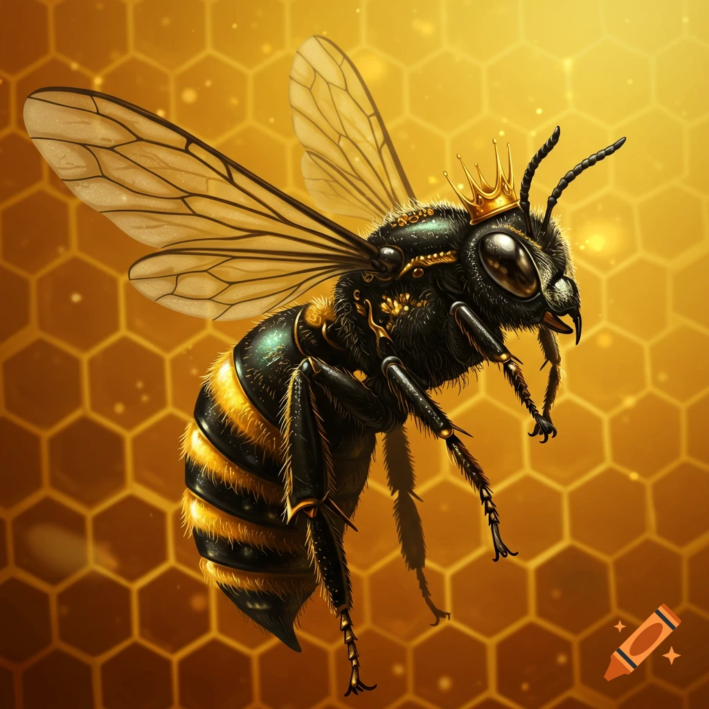 A detailed illustration of a bee wearing a golden crown against a glowing honeycomb background.