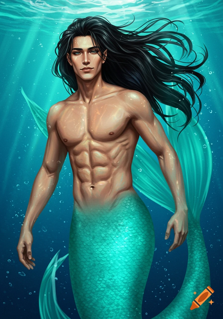 A handsome merman with long black hair and a muscular torso swims underwater, a turquoise tail visible below.