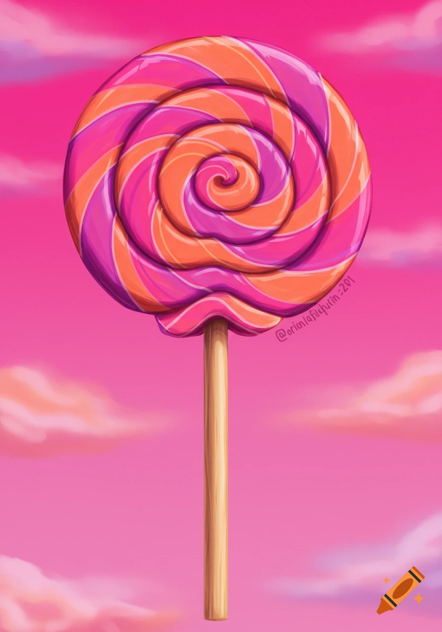 A vibrant pink and orange swirled lollipop on a stick against a bright pink sky with soft, cotton candy-like clouds.
