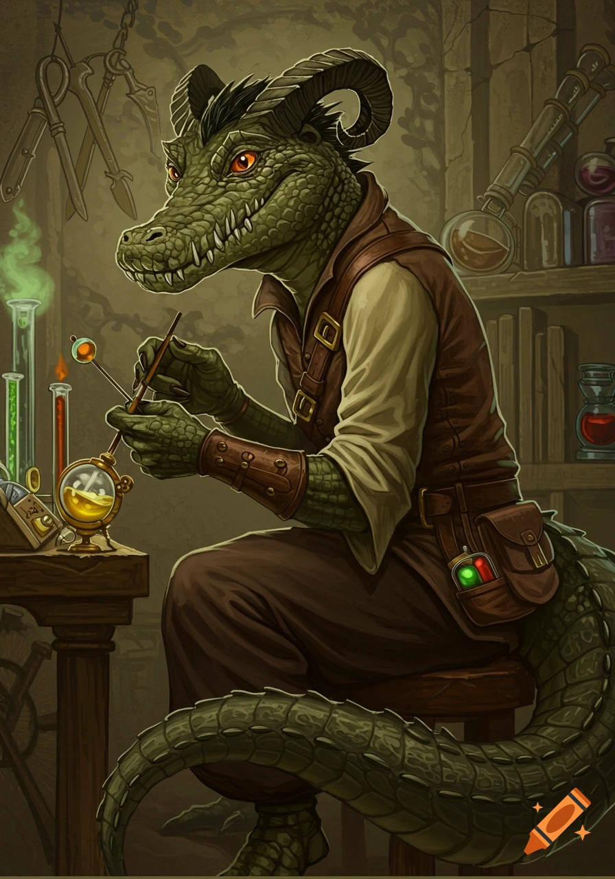 A green, crocodile-headed creature with horns and a tail, wearing a vest, works on an alchemical device in a dimly lit lab.