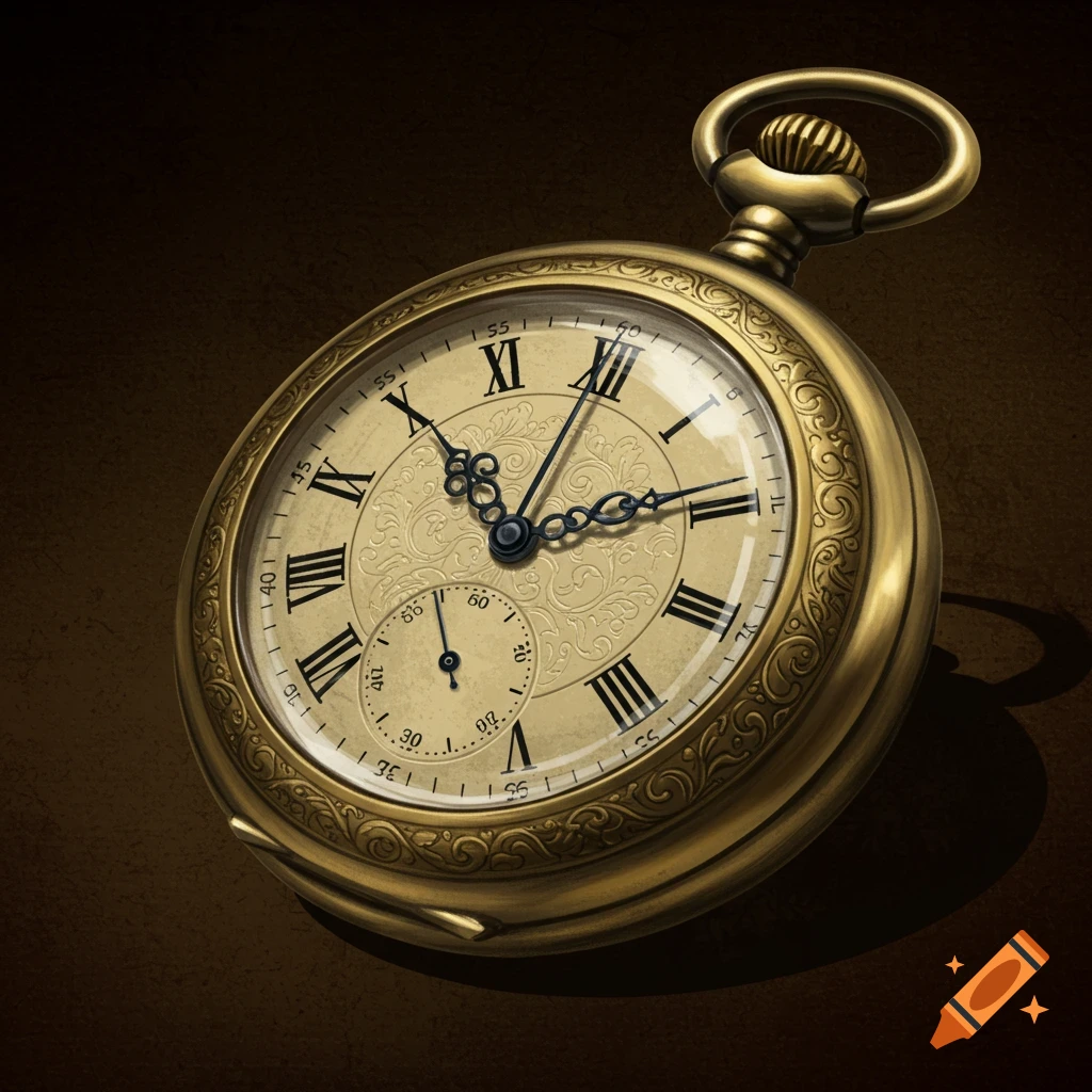 A detailed golden pocket watch with Roman numerals and ornate hands, resting on a dark brown surface.