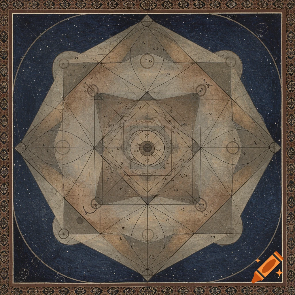 An intricate geometric diagram on a textured, aged background. Lines, circles, and polygons are overlaid with numbers and symbols against a dark blue, starry sky with an ornate border.