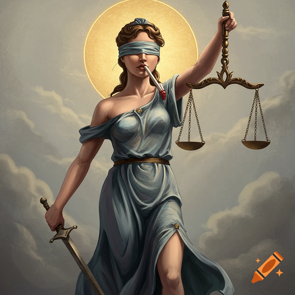 A blindfolded Lady Justice in a flowing gown holds scales and a sword, with a cigarette-like object in her mouth, under a golden halo.