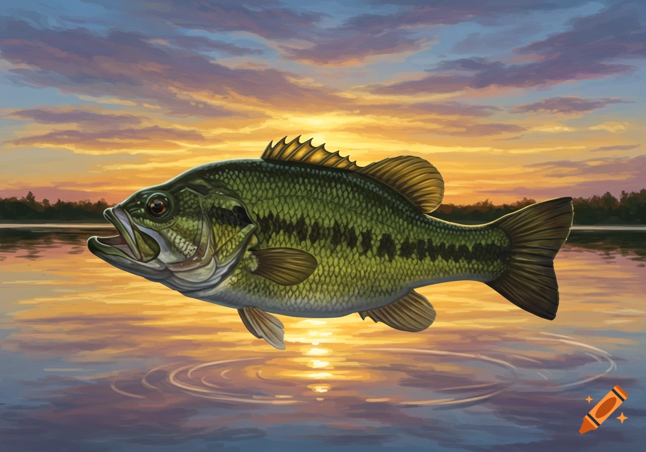 A large mouth bass jumping out of a lake against a vibrant sunset sky.