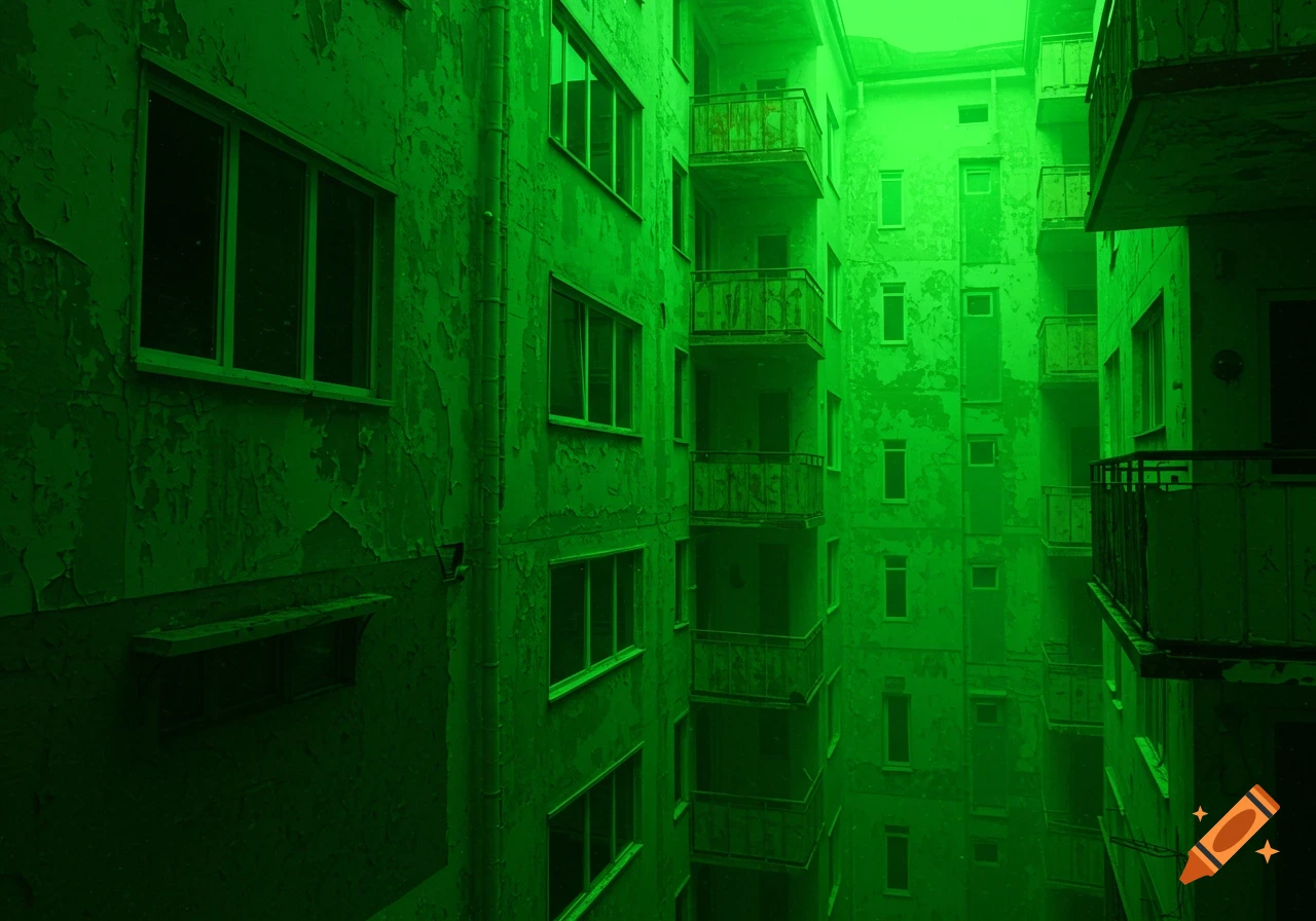 Dilapidated apartment building with balconies and windows, viewed from a narrow space, bathed in a strong green tint.