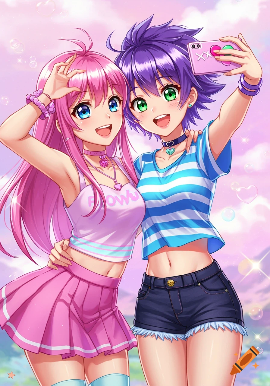 Two smiling anime girls with pink and purple hair take a selfie outdoors against a pink sky with bubbles. One wears a pink crop top and skirt, the other a striped blue and white shirt and shorts.