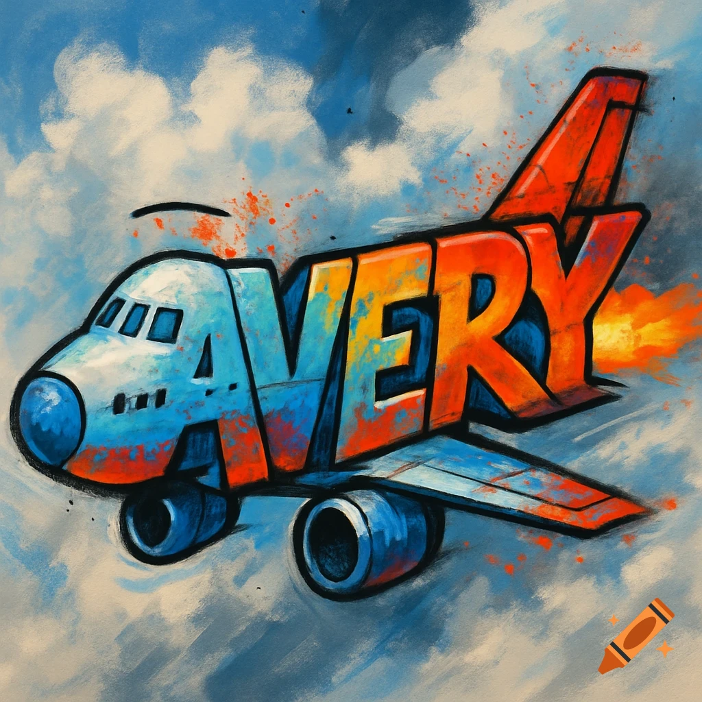 Graffiti-style airplane formed by the word "AVERY" in bold colors against a cloudy sky.