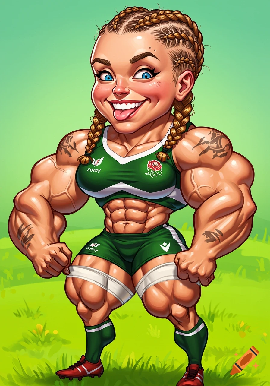 A funny, muscular, cartoon Caucasian rugby girl with cornrows, wearing a green and white uniform, smiling broadly on a grassy field.