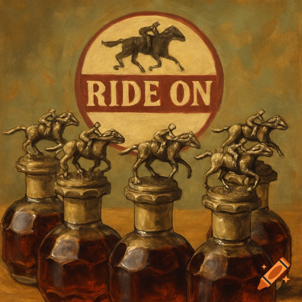Oil painting of several bourbon bottles topped with horse and jockey figurines, in front of a circular logo with a horse and rider and the text "RIDE ON."