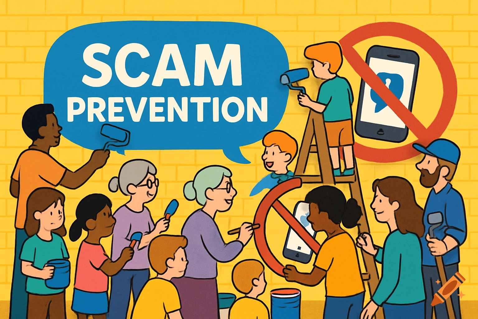 Cartoon of diverse people painting a 'SCAM PREVENTION' mural on a yellow brick wall, with crossed-out phones.