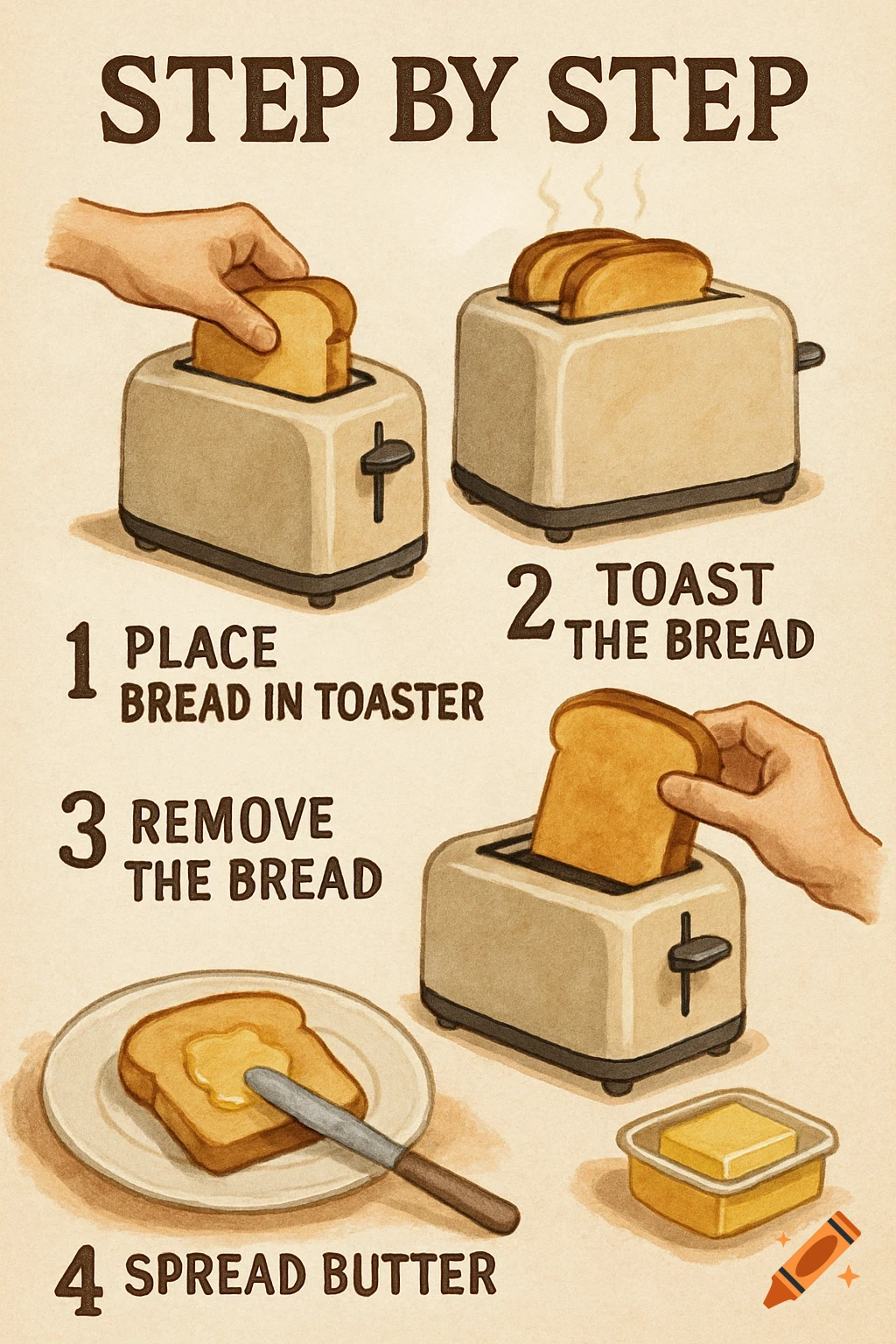 A step-by-step illustration showing how to make toast, from placing bread in a toaster to spreading butter.
