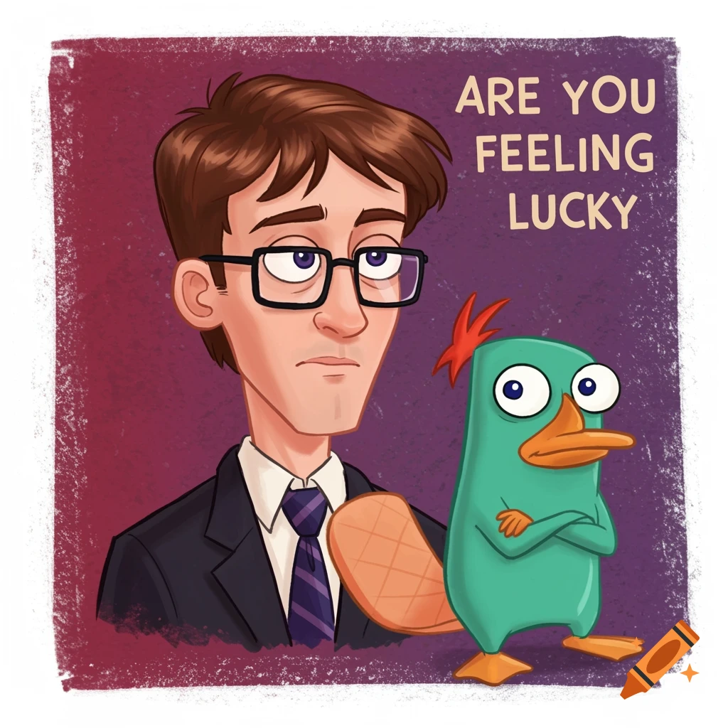 Cartoon man with glasses and a suit next to Perry the Platypus. Text reads 'ARE YOU FEELING LUCKY'.