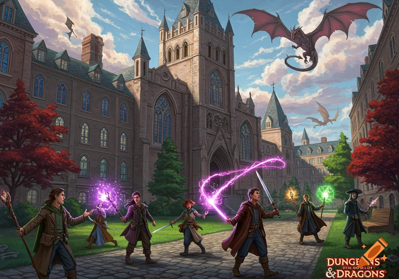 An illustrated fantasy scene of students with swords and magic on a college campus with a large building, as dragons fly in the sky.