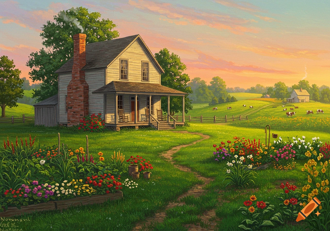 A vibrant painting of an old farmhouse with a porch and flower gardens, set in a green rural landscape with grazing cows under a colorful sunset sky.