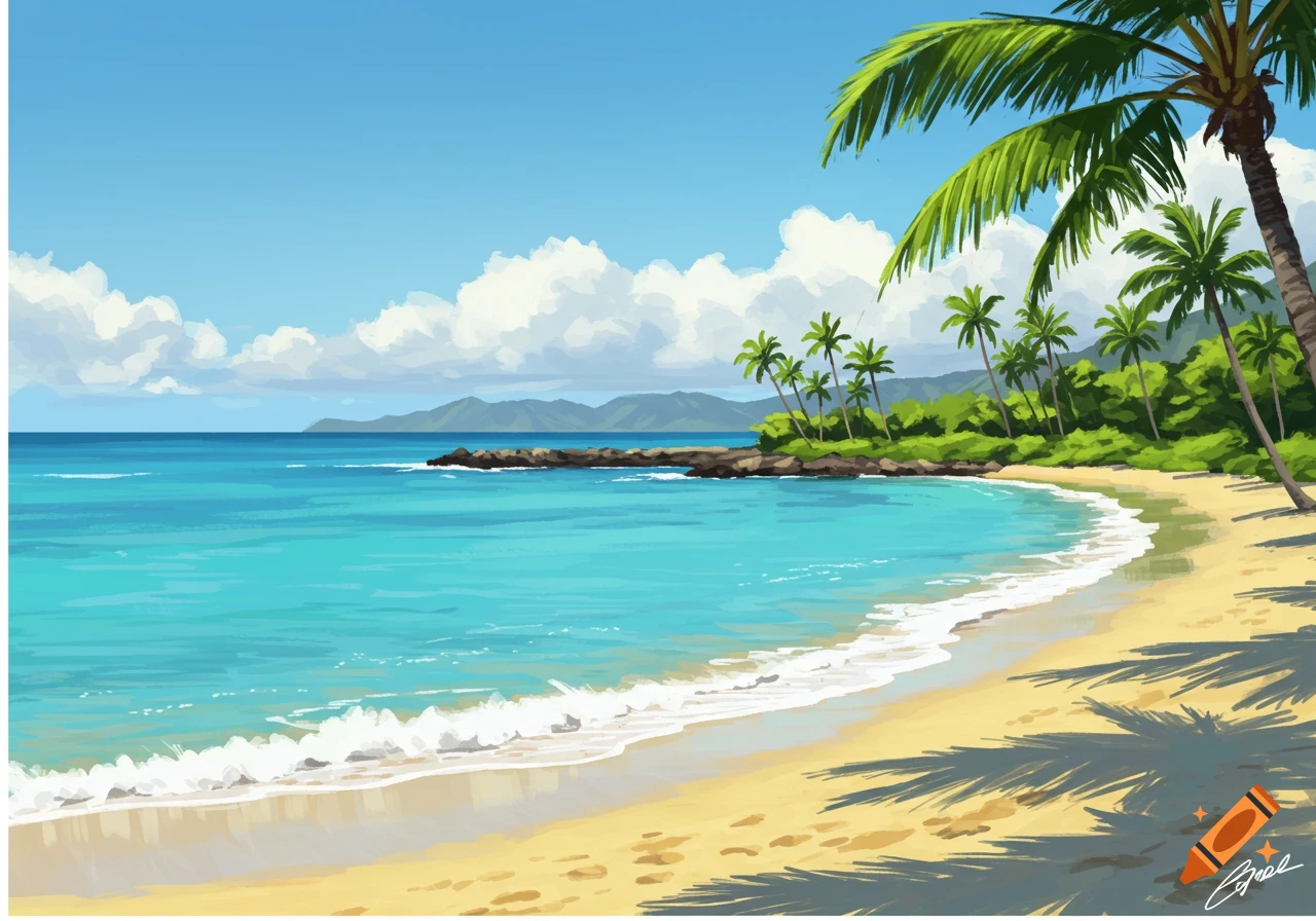 Vibrant illustration of a tropical beach with turquoise water, white waves, golden sand, and palm trees under a bright blue sky.