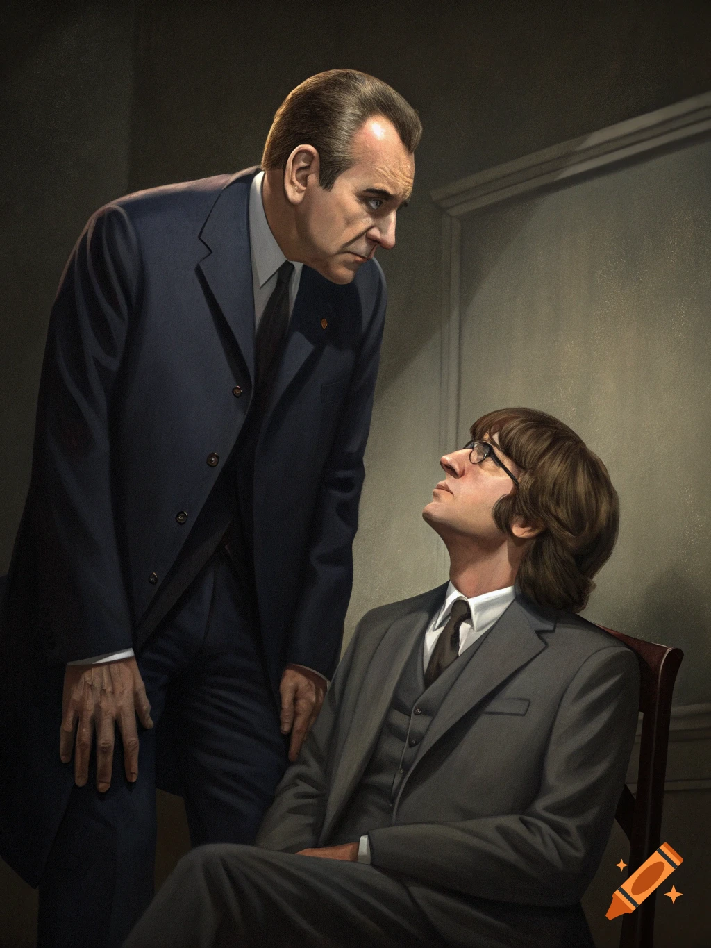 A serious-looking Richard Nixon stands over a seated John Lennon in a painterly style.