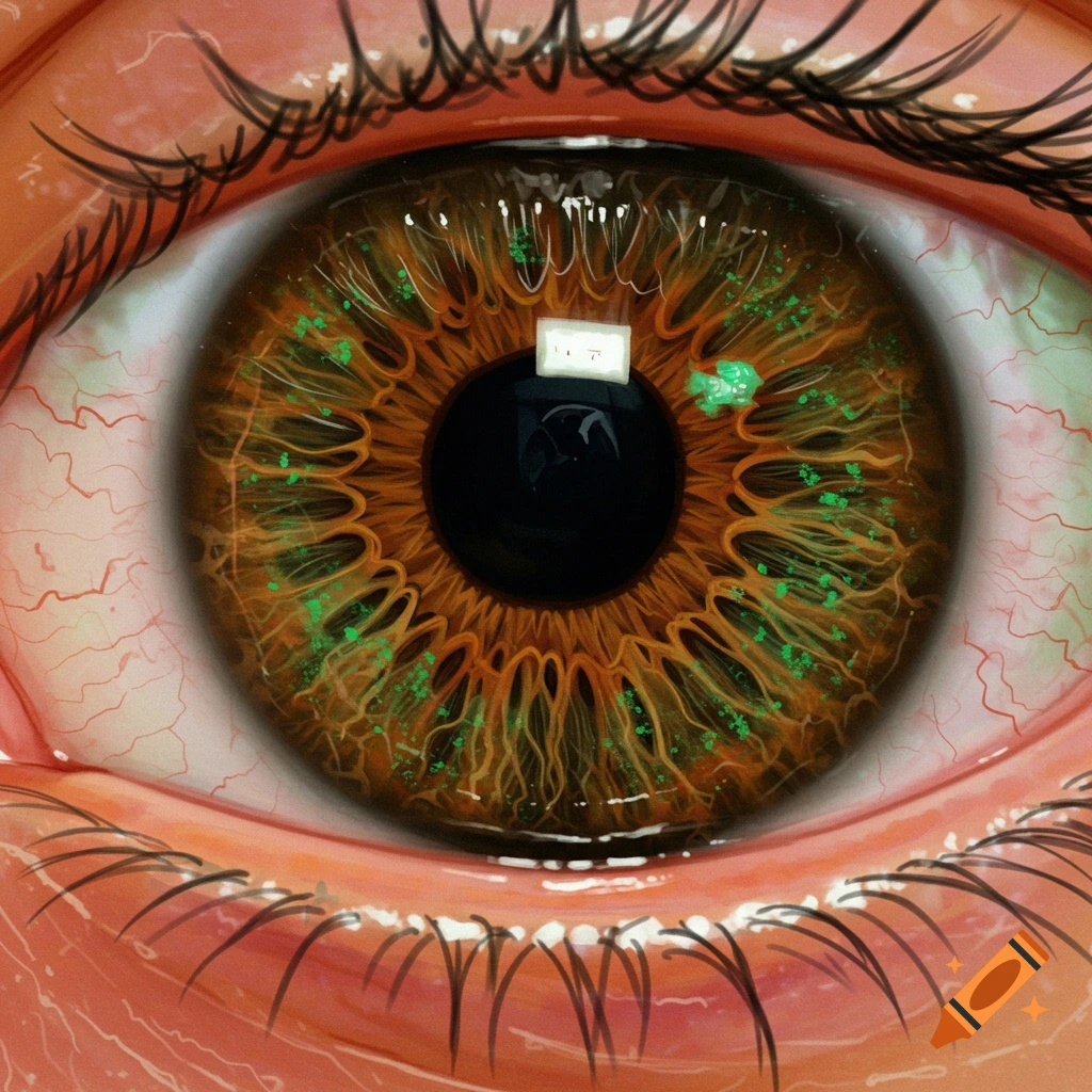 A detailed, photorealistic close-up of a vibrant brown eye with luminous green spots in the iris and visible red veins.