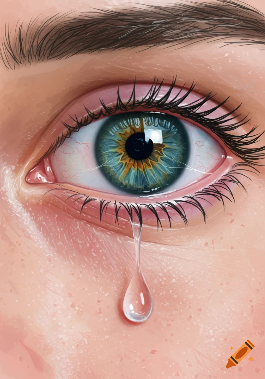 Close-up illustration of a blue-green eye with a single tear forming at the bottom eyelid, about to drop.