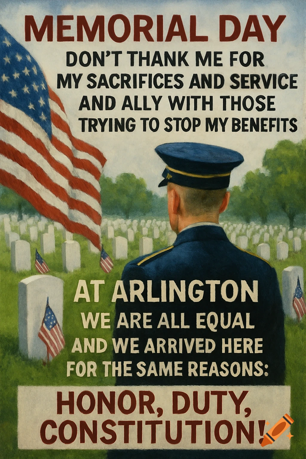 A soldier stands with their back to the viewer, looking over a cemetery with white headstones and small American flags. A large American flag is to the left. Text about Memorial Day, Arlington, honor, duty, and Constitution is visible.