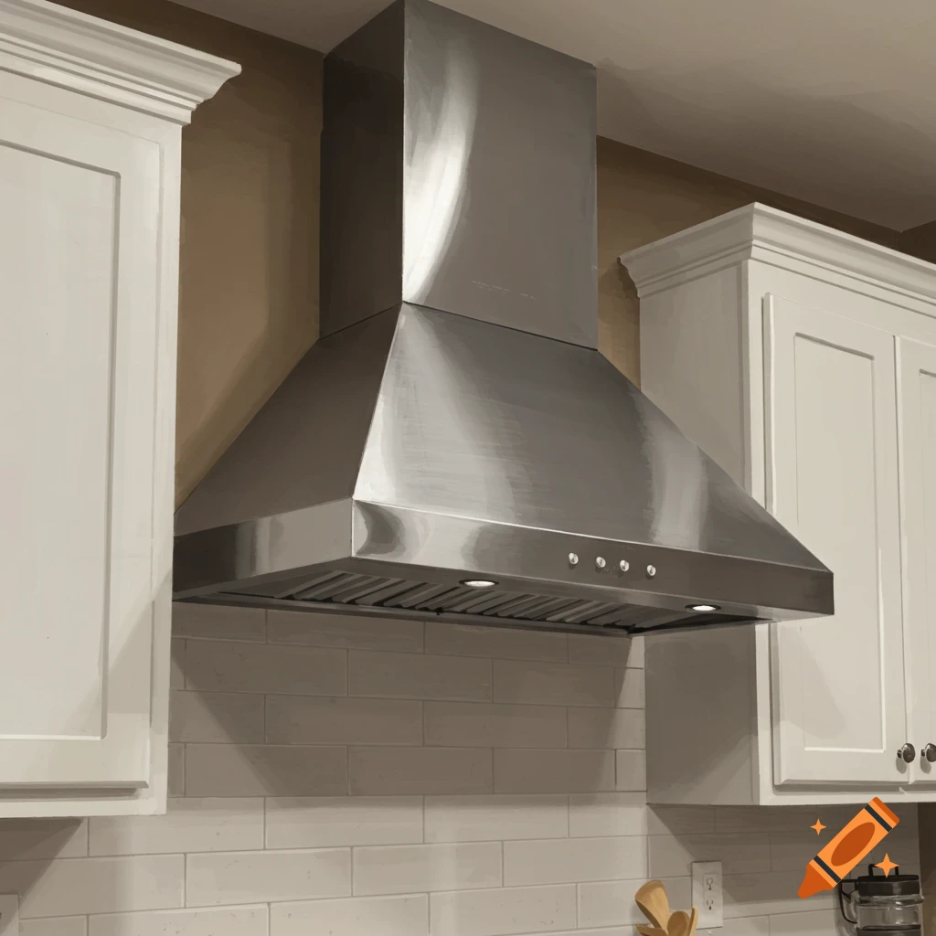 A stainless steel range hood above a subway tile backsplash, flanked by white kitchen cabinets.