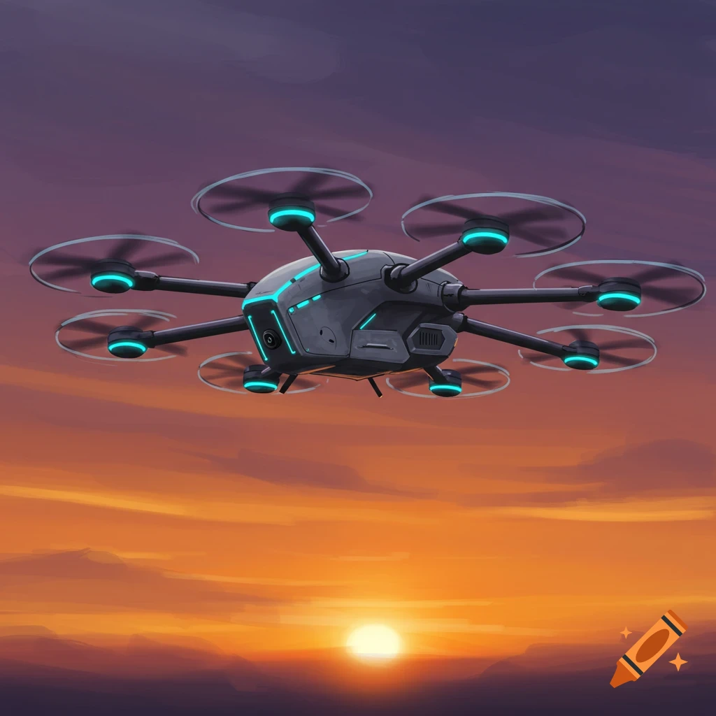 A modern drone with glowing blue lights hovers in a vibrant sunset sky.