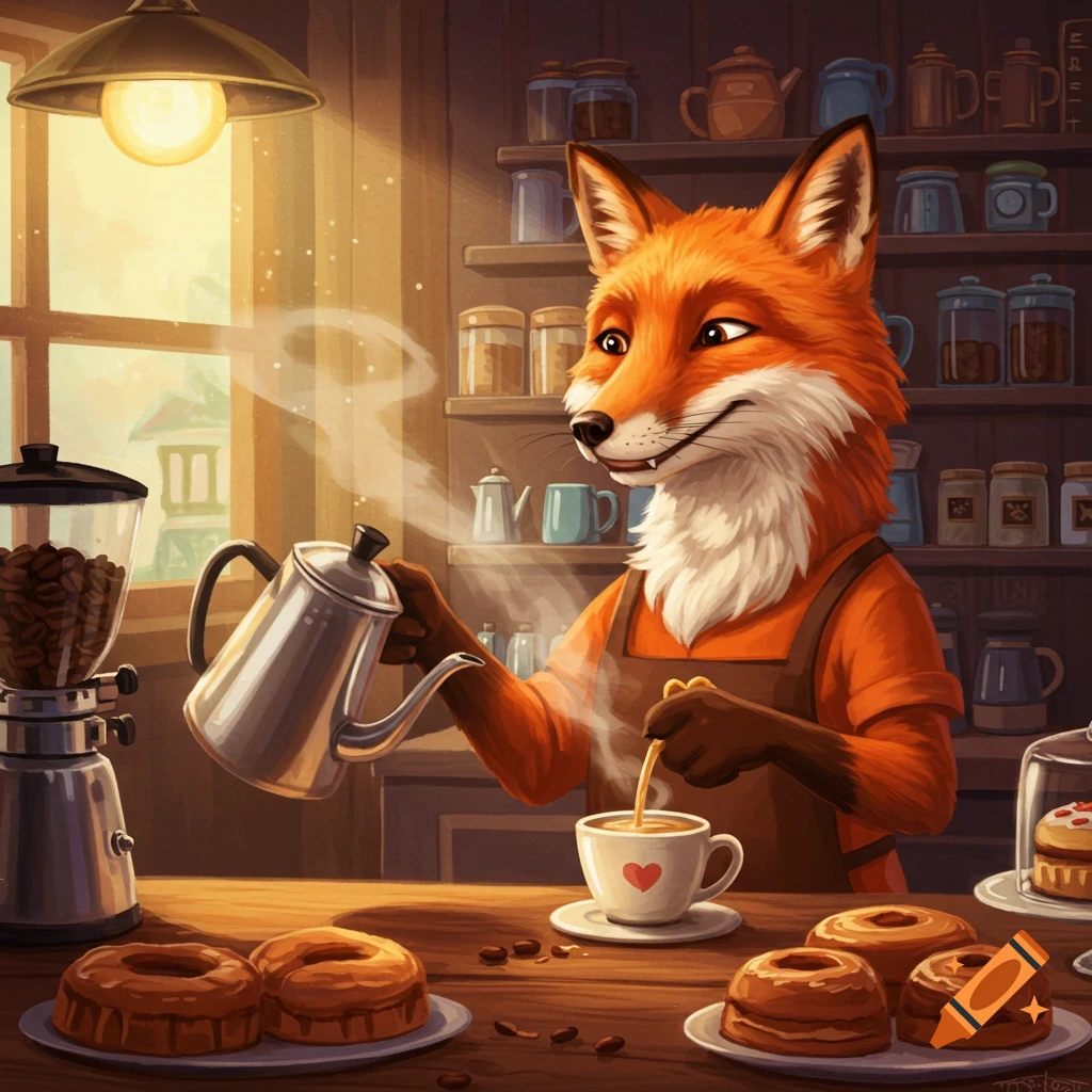 An anthropomorphic fox barista pours coffee into a cup with a heart design in a warm, rustic cafe. Donuts are on the counter.