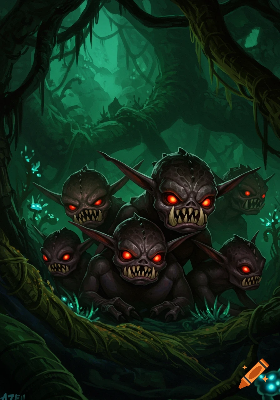 A group of dark, monstrous creatures with glowing red eyes and sharp teeth lurk in a swampy, overgrown jungle.