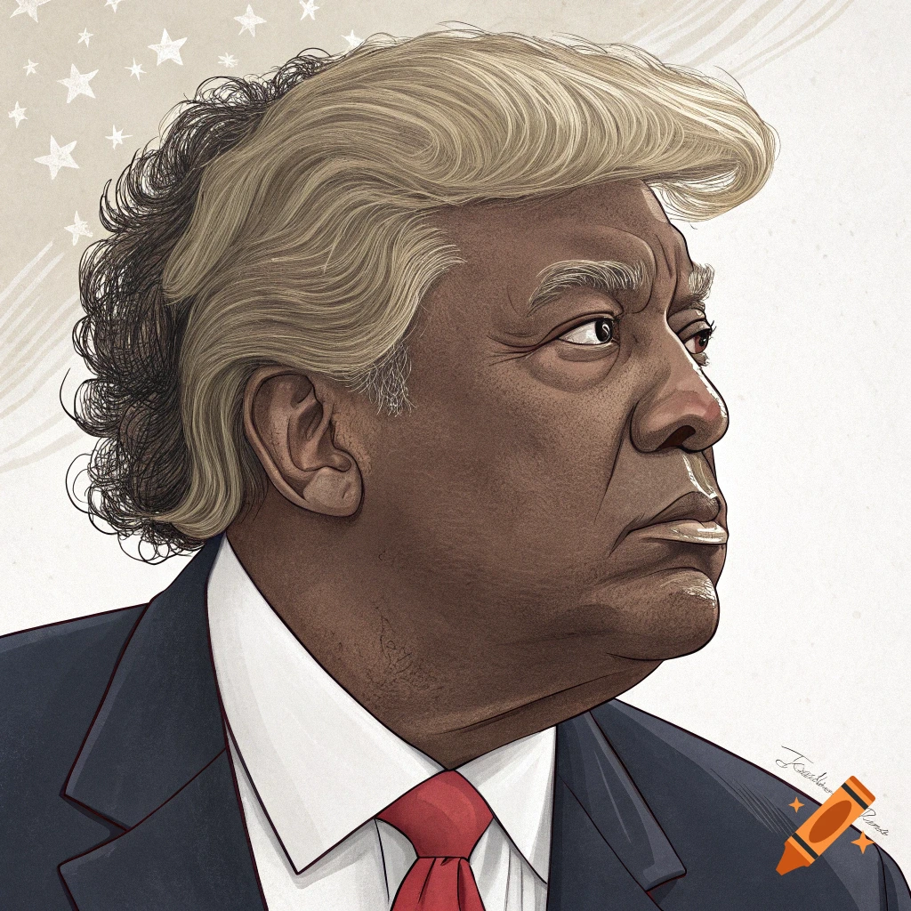 Caricature portrait of a dark-skinned man with blond hair in the style of Donald Trump, wearing a suit and red tie, against a starry background.