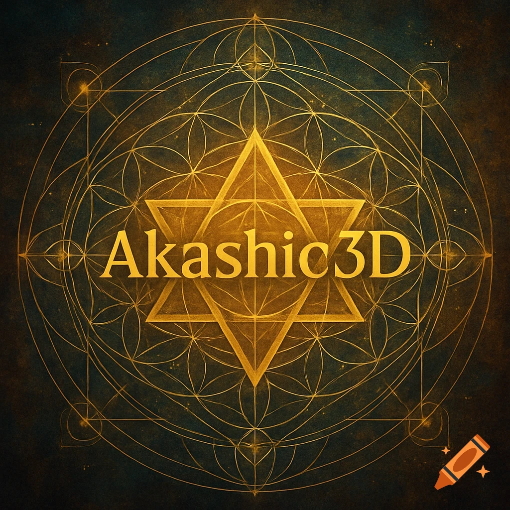 Golden sacred geometric pattern with a six-pointed star containing 'Akashic3D' text on a dark, textured background.
