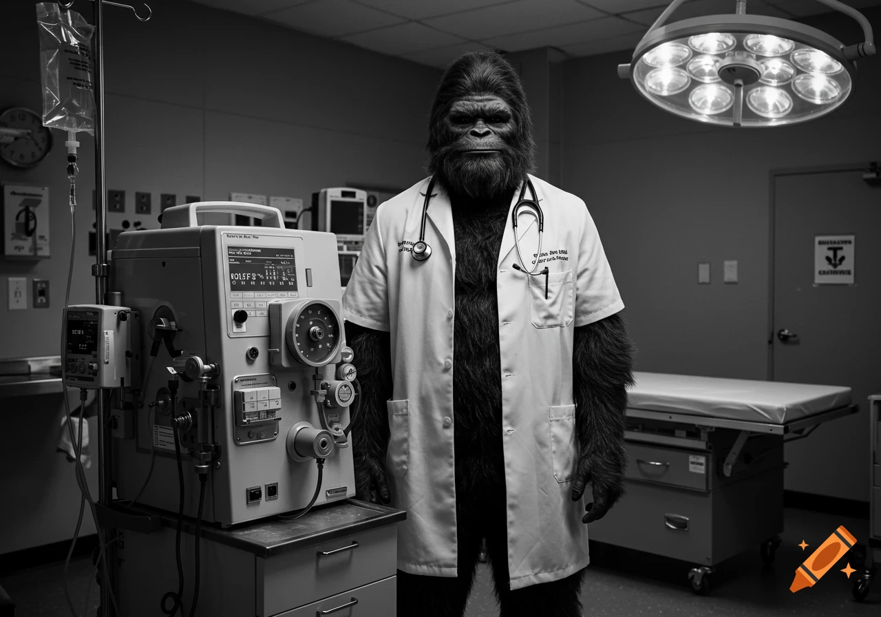 A black and white photorealistic image of Bigfoot wearing a doctor's white coat and stethoscope, standing in an ICU next to a medical machine.