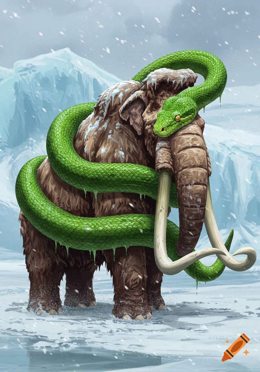 An illustrated green snake tightly coils around a large woolly mammoth standing in a snowy, icy landscape.