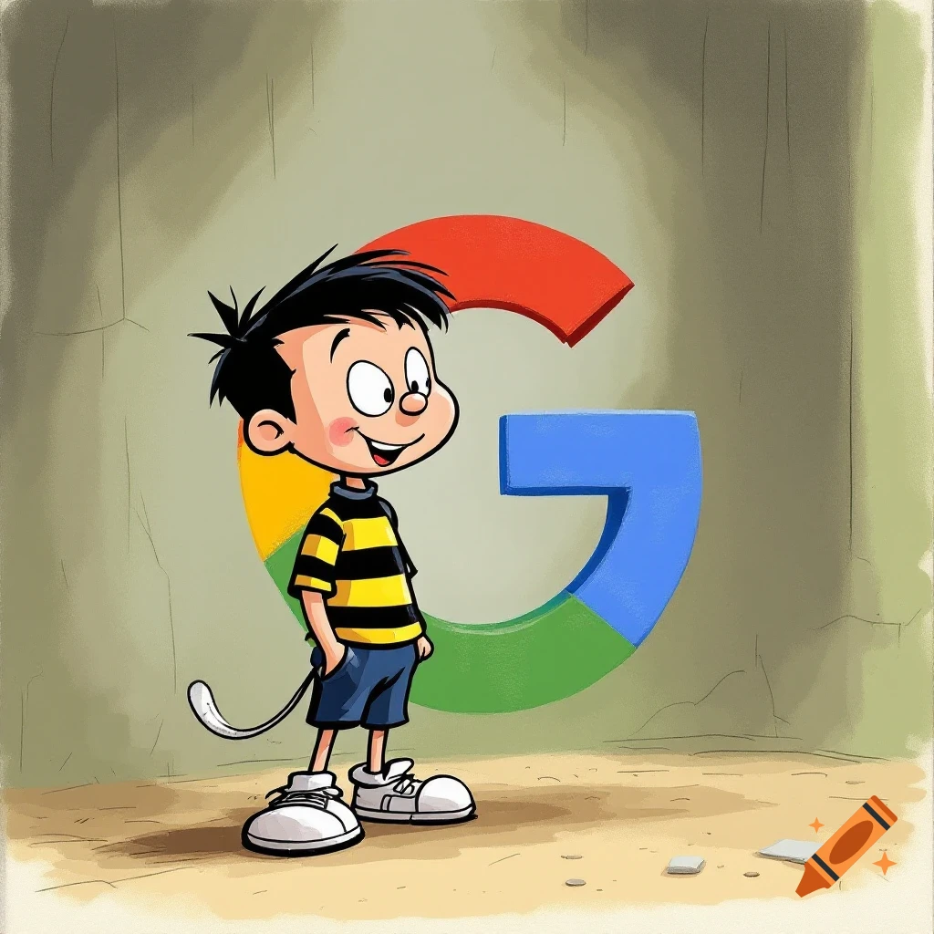 A cartoon illustration of Dennis the Menace, a young boy with a striped shirt, standing beside a colorful Google 'G' logo.