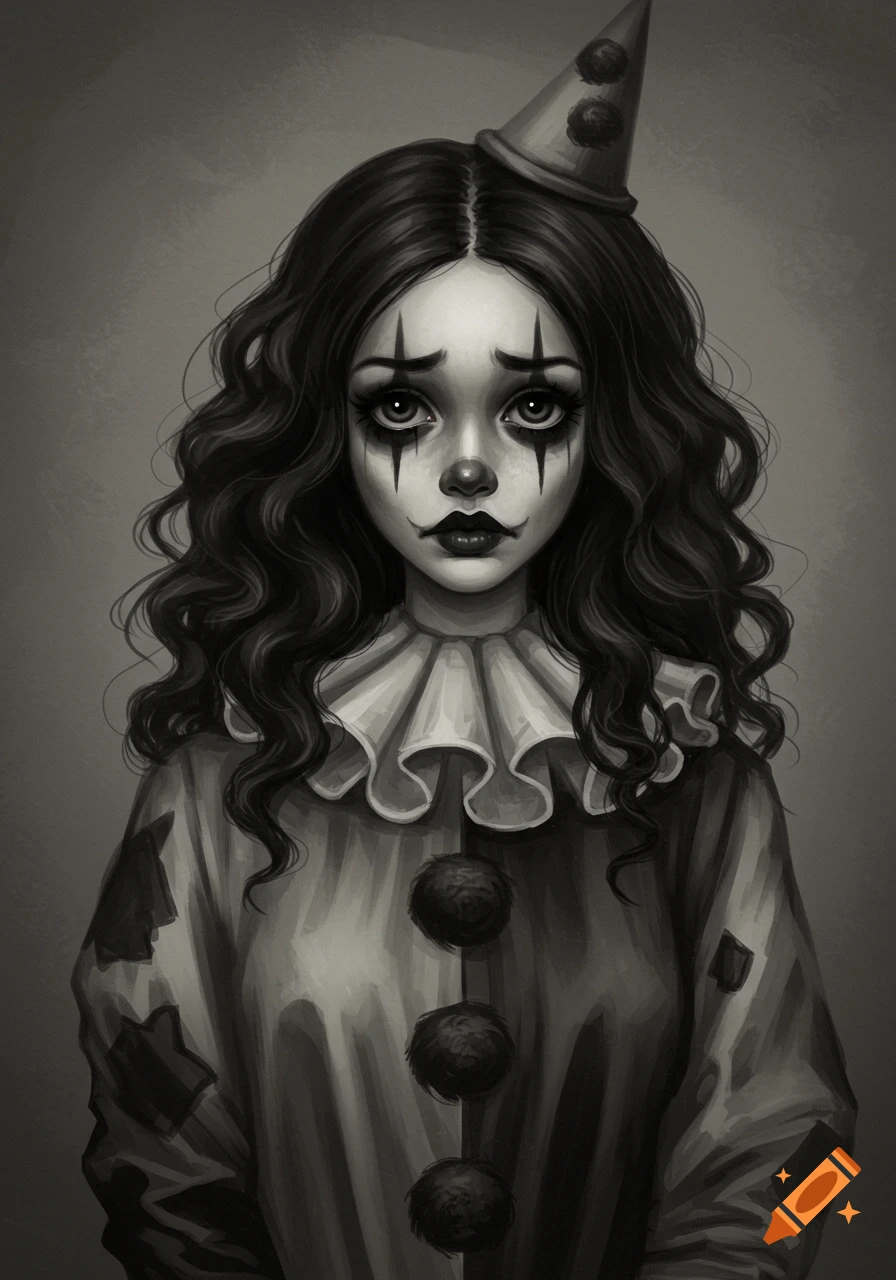Monochrome portrait of a sad girl dressed as a clown with dark makeup and a party hat.