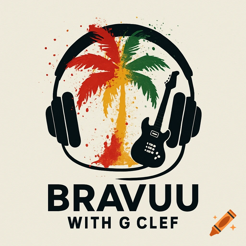 A logo featuring black headphones, a paint-splashed palm tree in Rasta colors, and an electric guitar, with the text 'BRAVUU WITH G CLEF'.