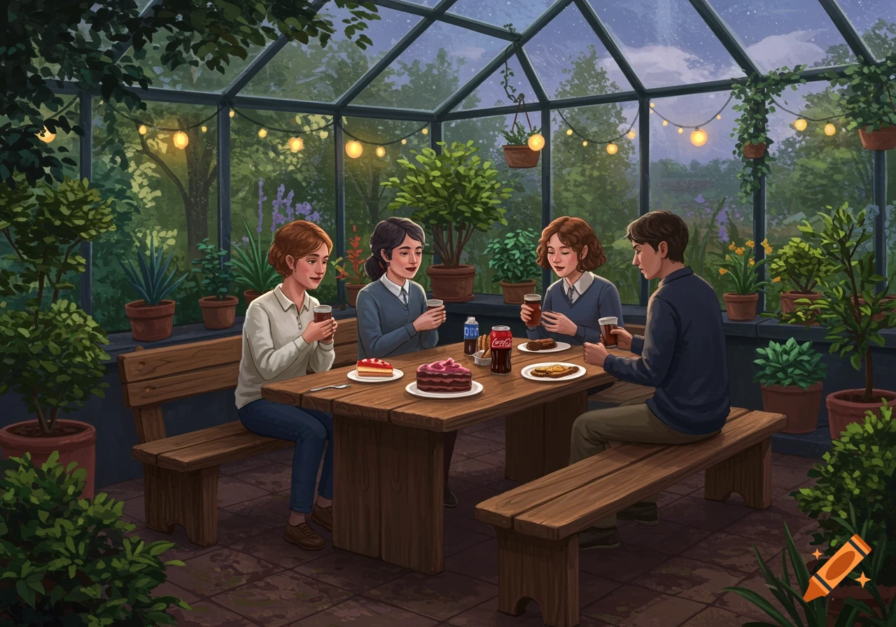 Four young people enjoy a midnight feast with cakes and drinks at a wooden table in a well-lit greenhouse filled with plants, in an illustrative style.