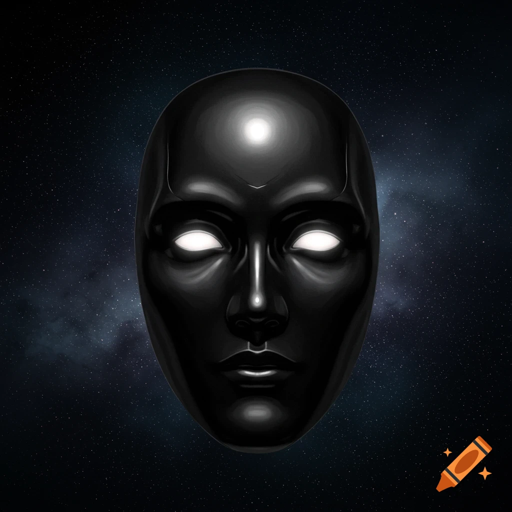 A dark, metallic, featureless mask with glowing white eyes and a forehead light, set against a starry cosmic background.