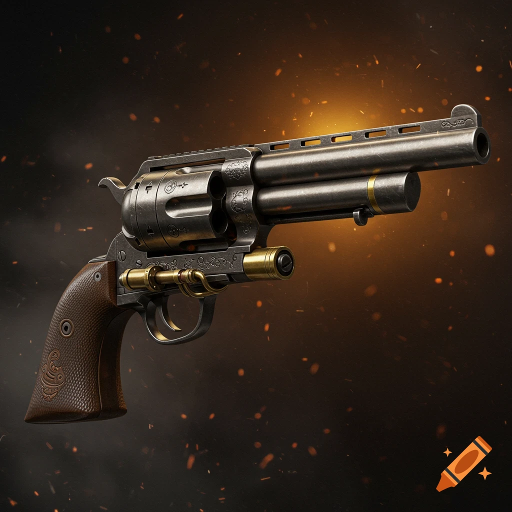 A detailed steampunk revolver with brass accents and intricate engravings, set against a dark, smoky background with glowing embers.