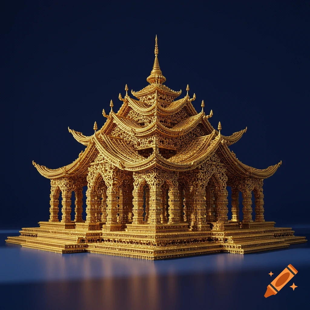 A highly detailed, ornate golden temple, seemingly crafted from intricate filigree, stands against a dark blue background.