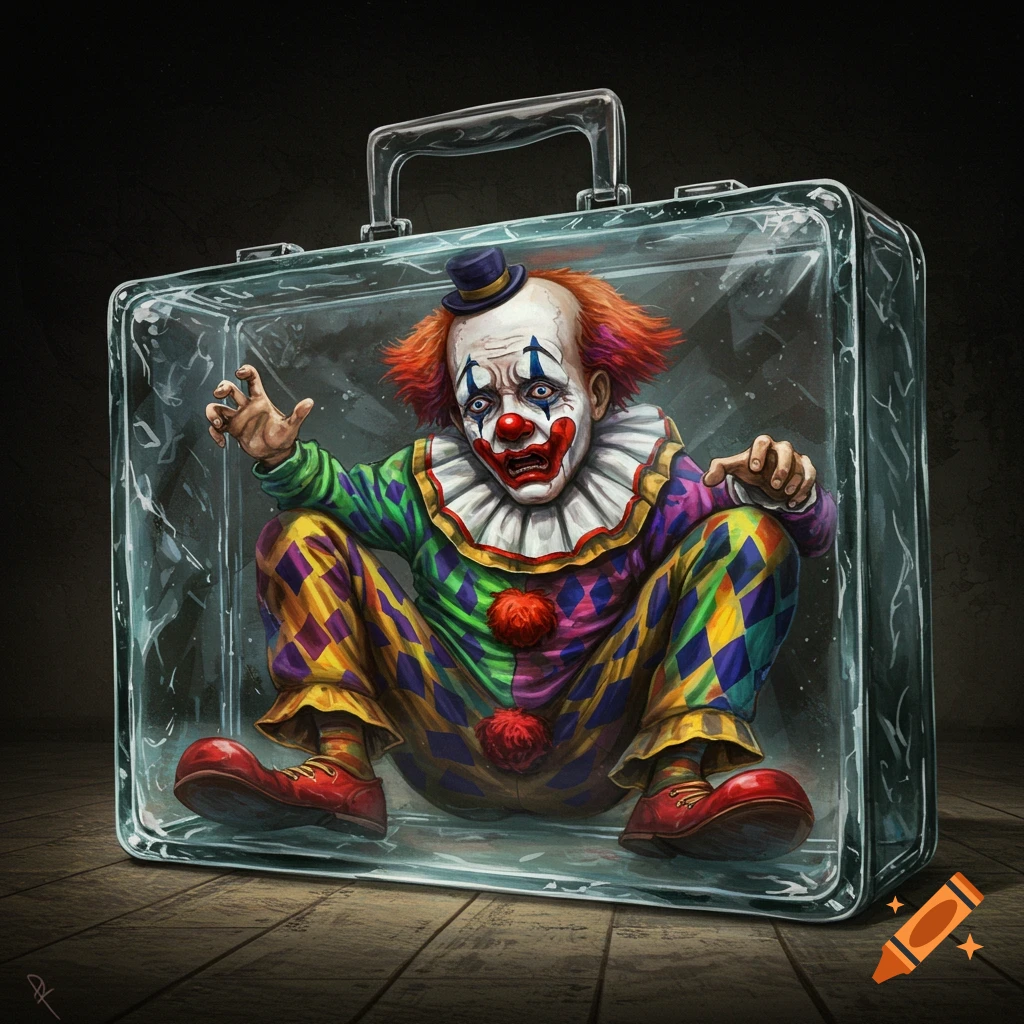 A creepy clown with orange hair and colorful clothes is trapped inside a clear glass briefcase.