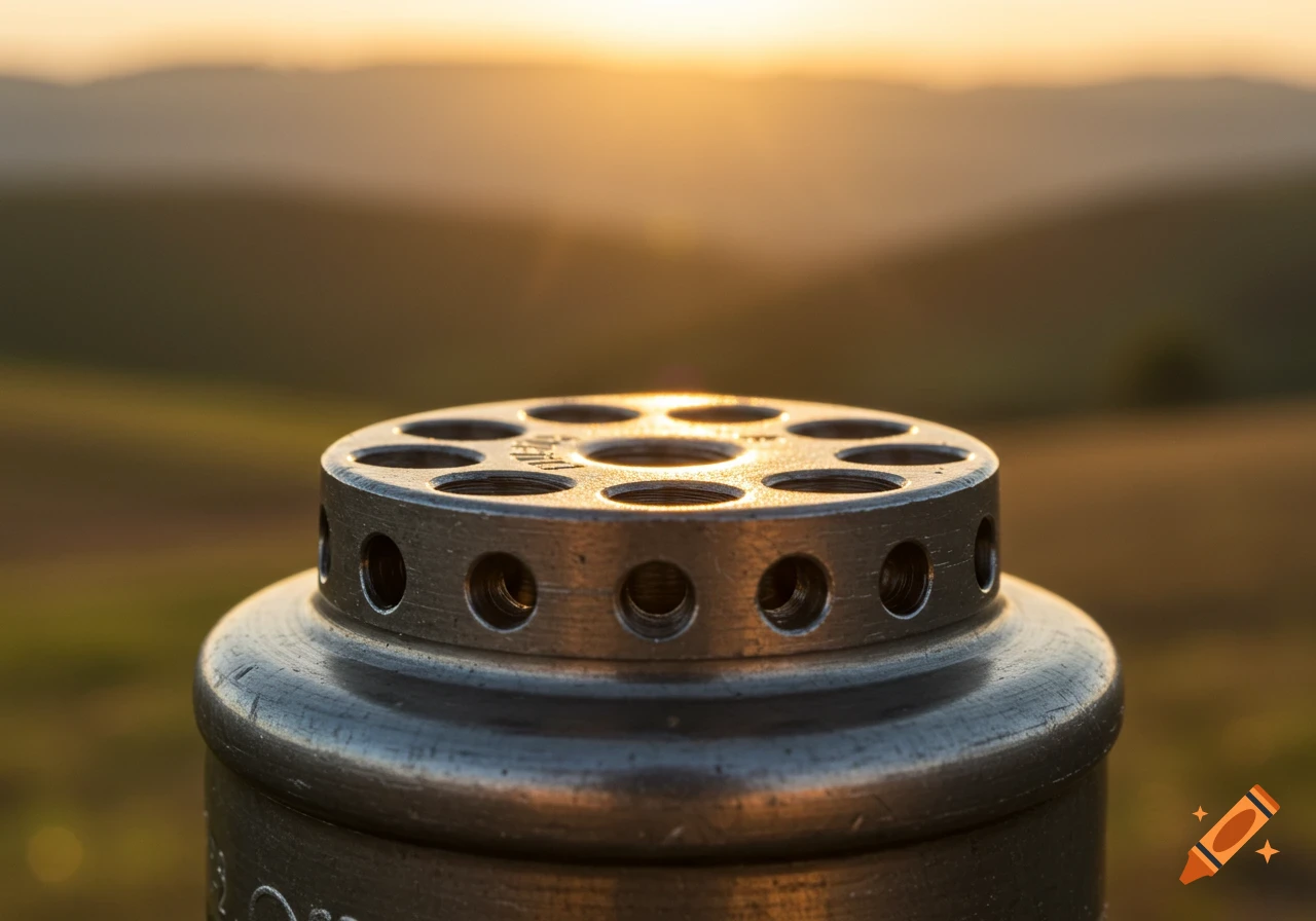 Close-up of a textured metal object with many holes on its surface, bathed in golden sunlight against a blurred hillscape at sunset.