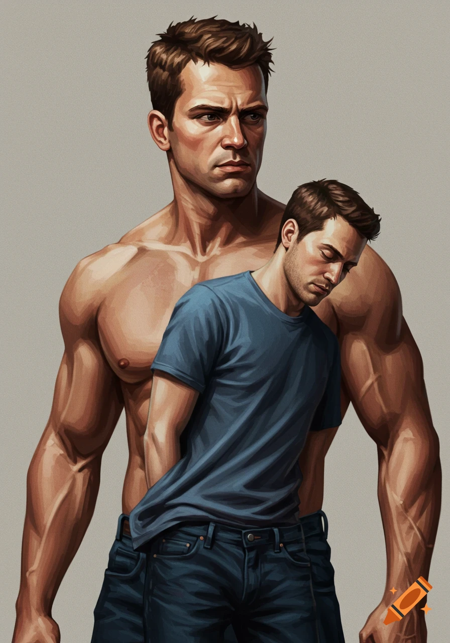 A digital painting depicts a large, muscular, shirtless man standing behind a smaller man in a blue t-shirt and jeans.
