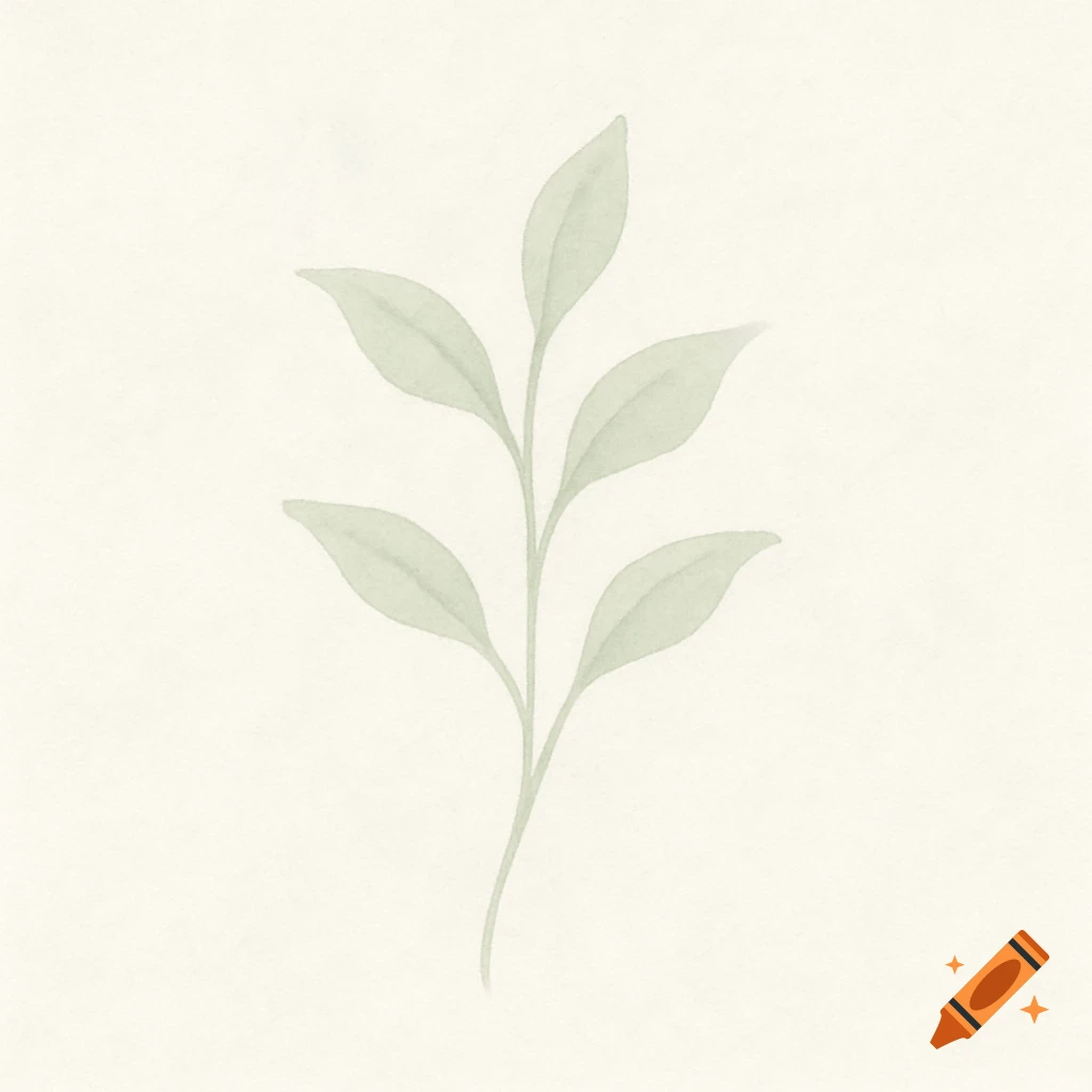A light green watercolor illustration of a plant stem with several leaves on a light, textured background.