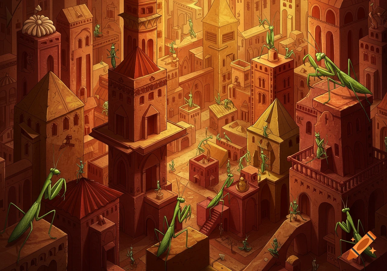 An illustrated, warm-toned origami-style city populated by numerous green praying mantises.