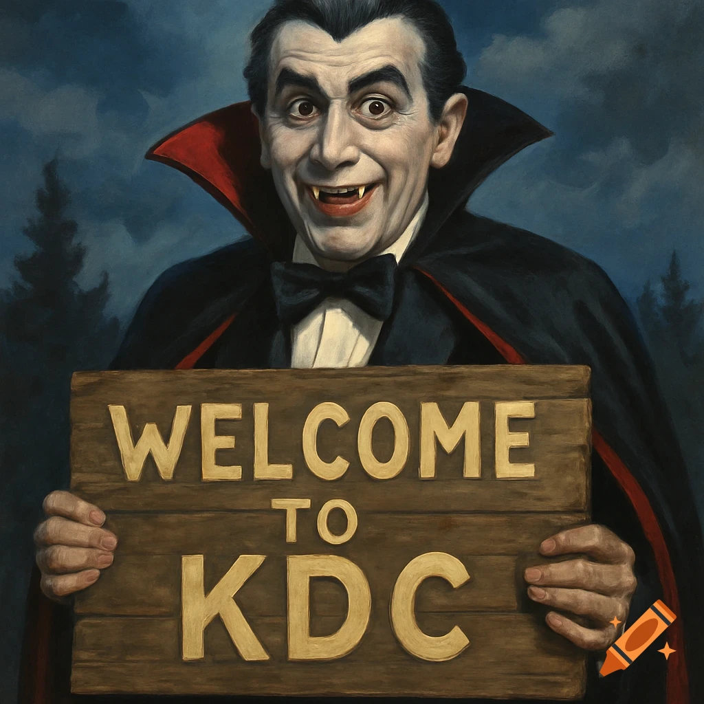 Smiling Count Dracula in a black cape holds a wooden sign that says 'Welcome to KDC' in a painted portrait style.