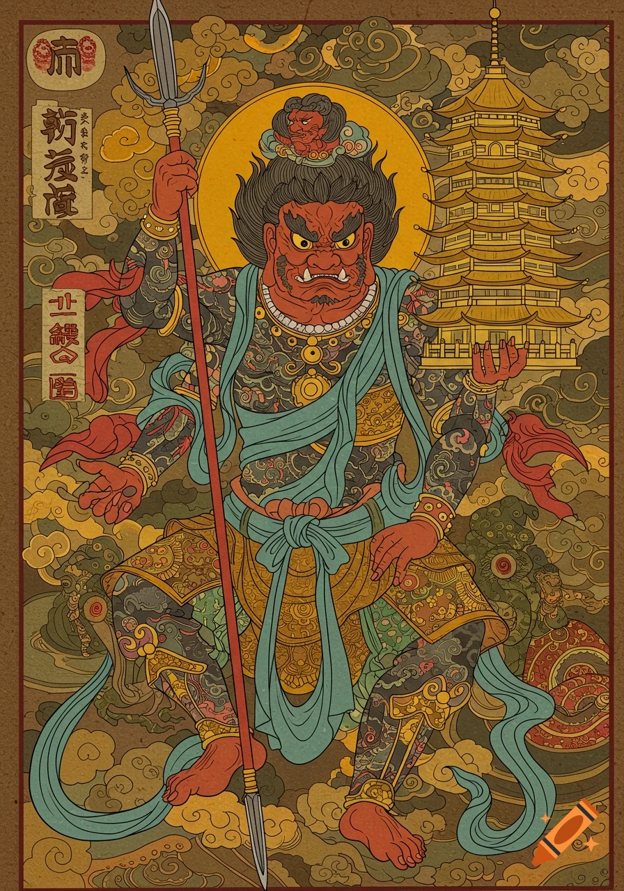 A traditional Japanese art illustration of the Buddhist deity Bishamonten, a fierce red-faced figure with multiple arms, holding a spear and a golden pagoda, amidst clouds.