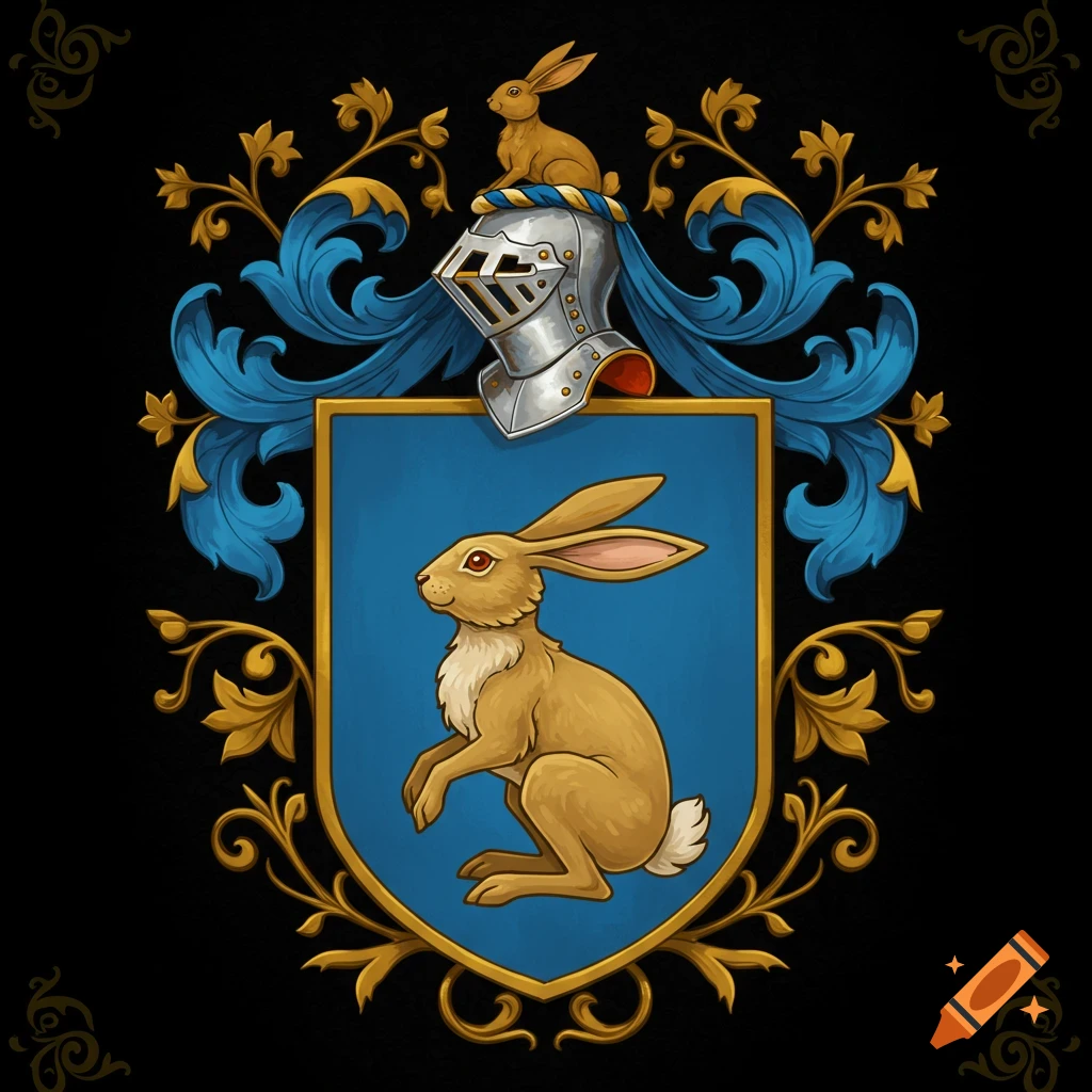 A coat of arms featuring a brown rabbit on a blue shield, topped with a knight's helmet, a smaller rabbit, and ornate foliage.